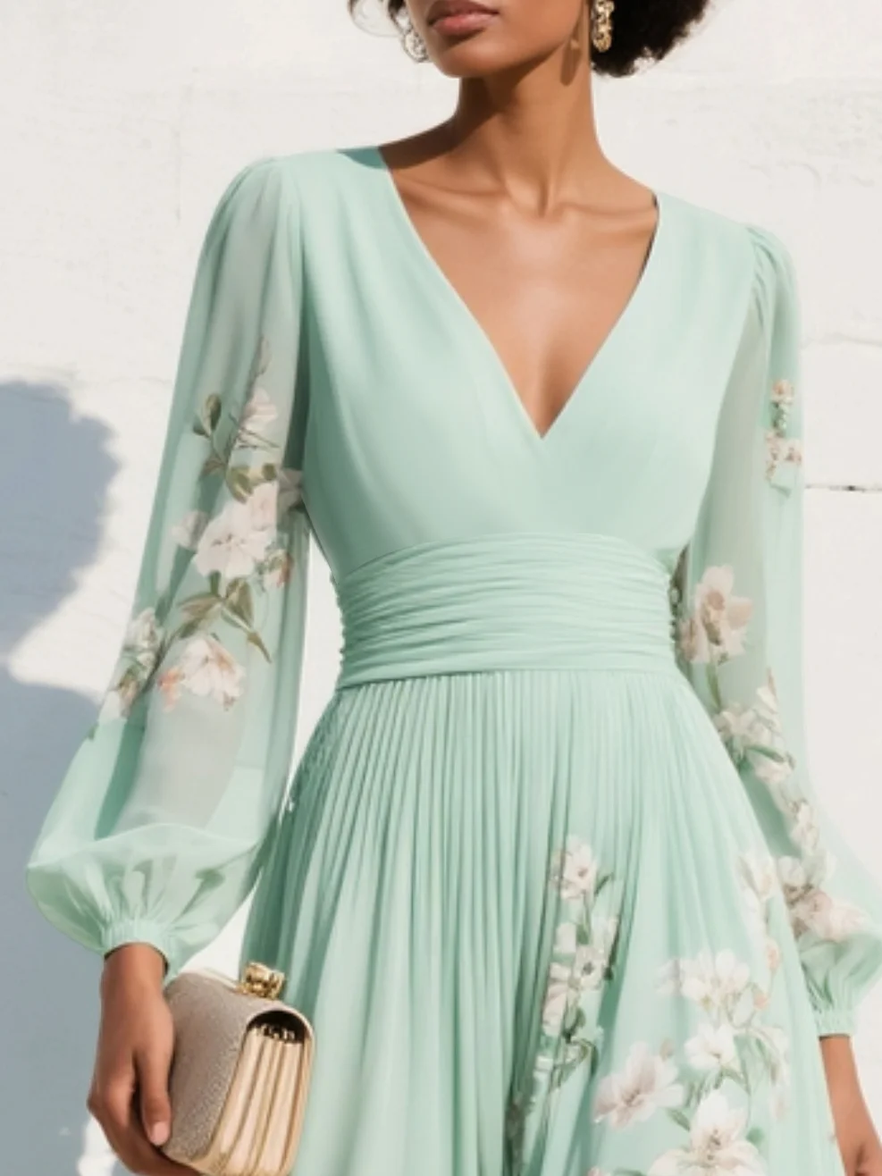 Florette | Floral Lantern Sleeve Womens Pleated Midi Dress