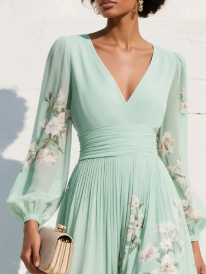 Florette | Floral Lantern Sleeve Womens Pleated Midi Dress