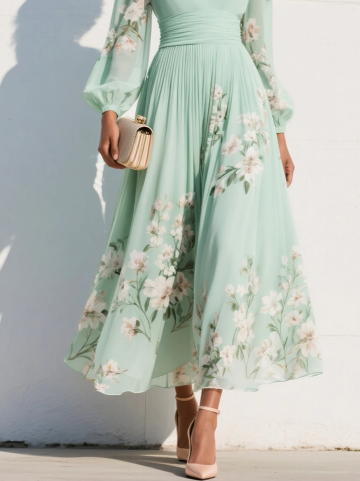 Florette | Floral Lantern Sleeve Womens Pleated Midi Dress