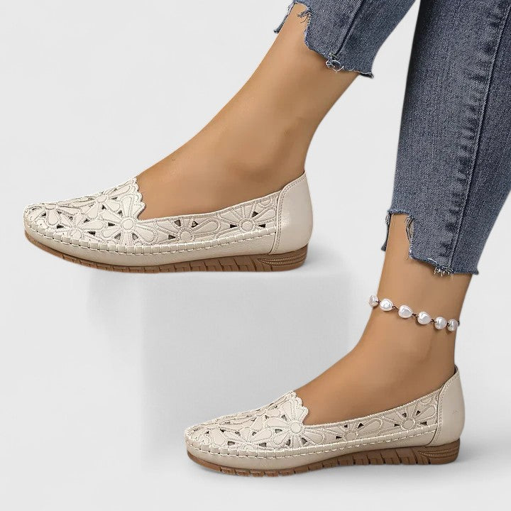 Danica | Floral Cut-Out Slip-On Orthopedic Flats in Leather