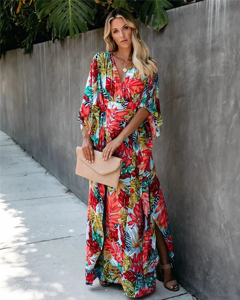 Tropicana | Leaf Print Kimono Sleeve Wrap Boho Dress with Tie Waist