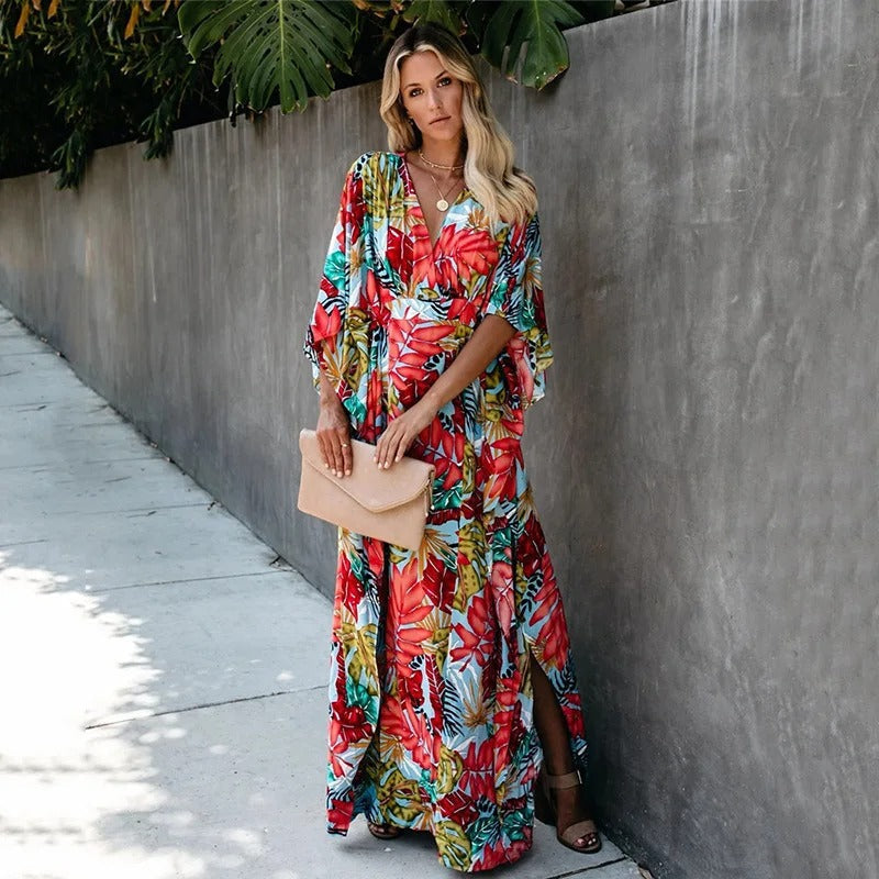 Tropicana | Leaf Print Kimono Sleeve Wrap Boho Dress with Tie Waist