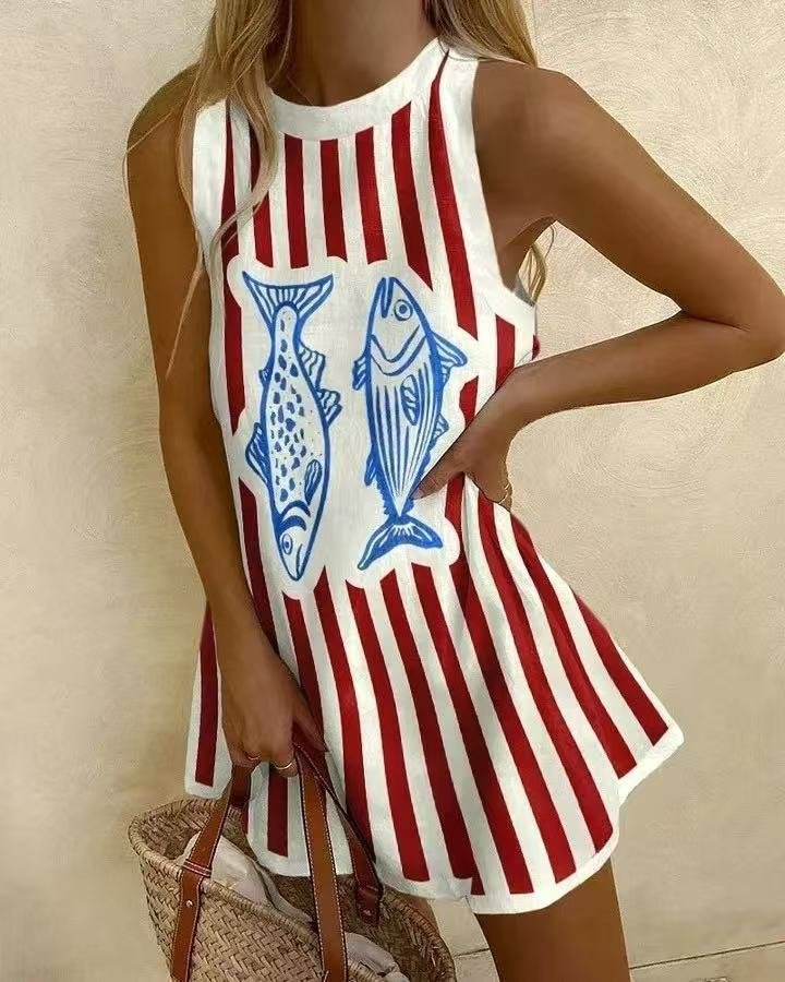 Costa | Striped Fish Print Sleeveless Summer Dress