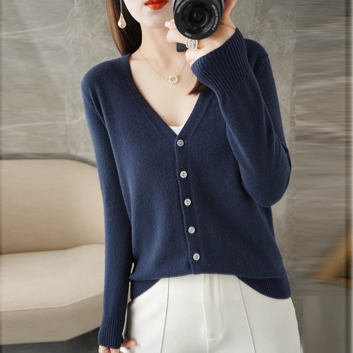 Genevieve | Women's V-Neck Button-Front Cardigan – Fitted Long Sleeve Design