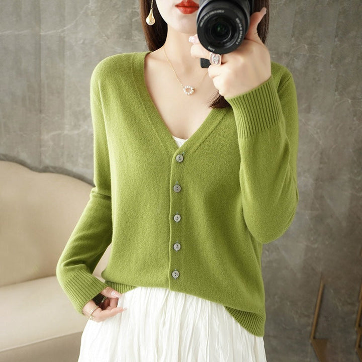 Genevieve | Women's V-Neck Button-Front Cardigan – Fitted Long Sleeve Design