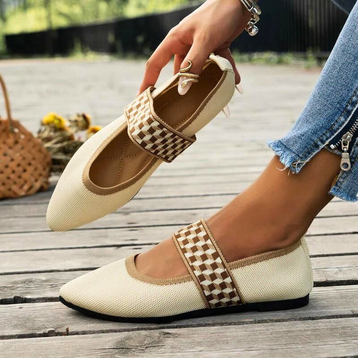Calla | Knit Pointed Toe Mary Jane Orthopedic Flats with Check Strap