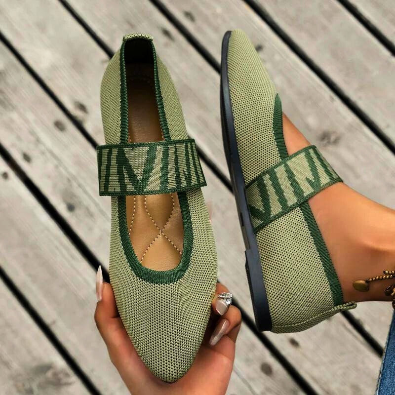 Calla | Knit Pointed Toe Mary Jane Orthopedic Flats with Check Strap