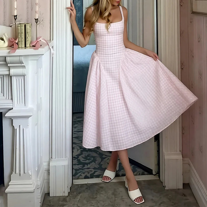 Harriet | Gingham Square Neck Womens Pleated Midi Dress