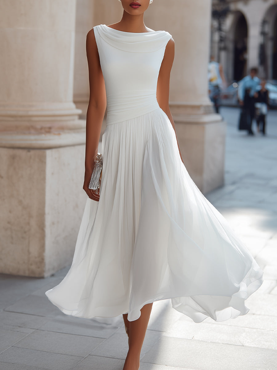 Seraphina | Cowl Neck Womens Pleated Midi Dress in Chiffon