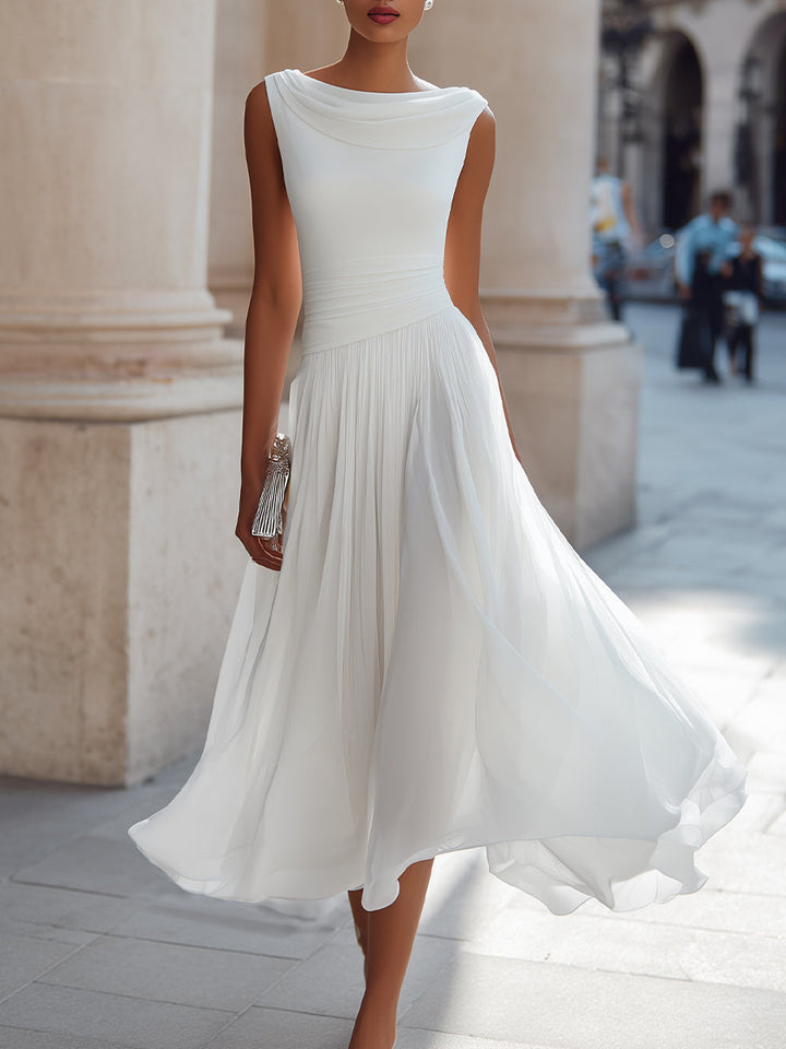 Aria | Cowl Drape Sleeveless Pleated Midi Dress in Chiffon