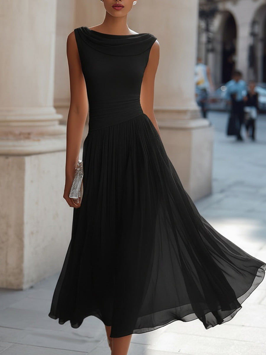 Seraphina | Cowl Neck Womens Pleated Midi Dress in Chiffon
