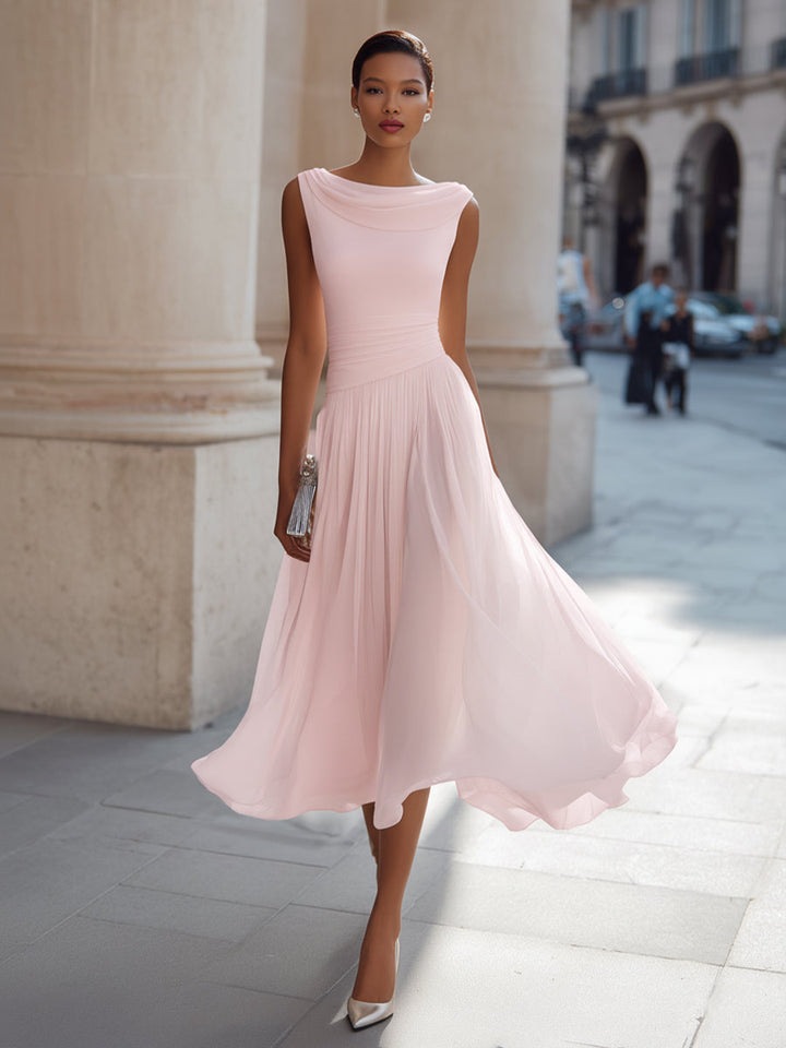 Seraphina | Cowl Neck Womens Pleated Midi Dress in Chiffon