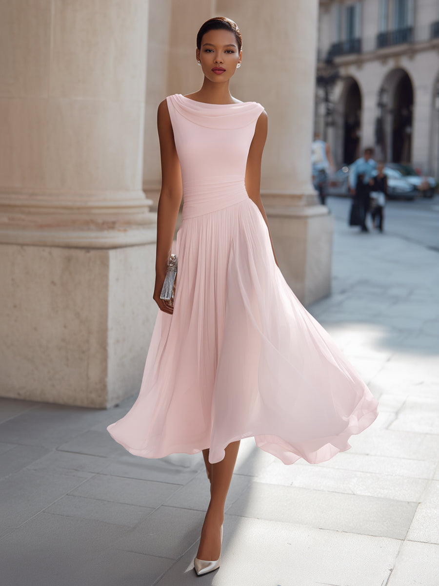 Isolde | Cowl Neck Chiffon Pleated Midi Dress