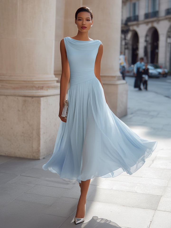 Isolde | Cowl Neck Chiffon Pleated Midi Dress