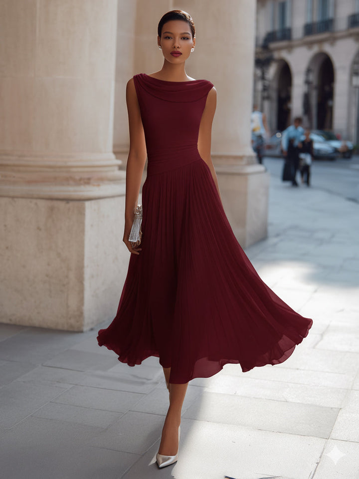 Seraphina | Cowl Neck Womens Pleated Midi Dress in Chiffon
