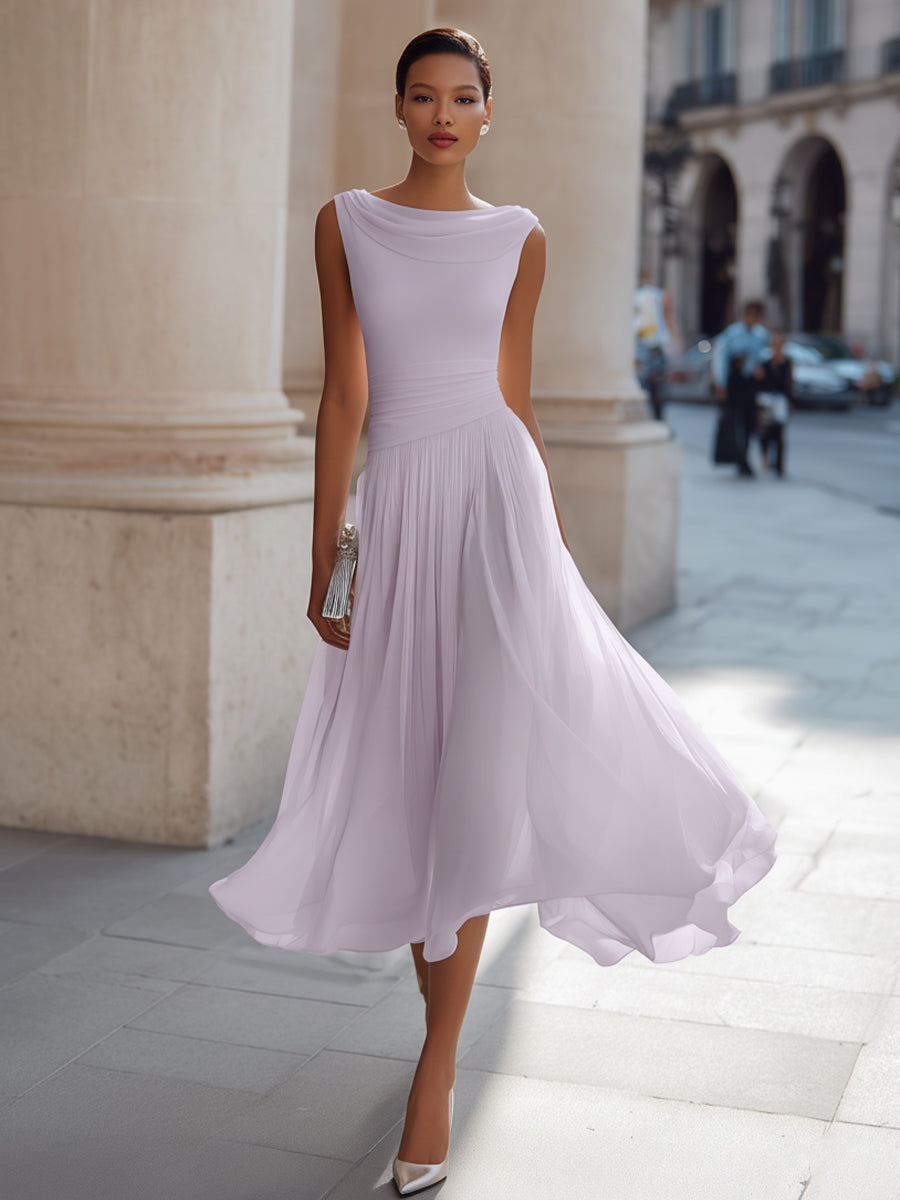 Isolde | Cowl Neck Chiffon Pleated Midi Dress