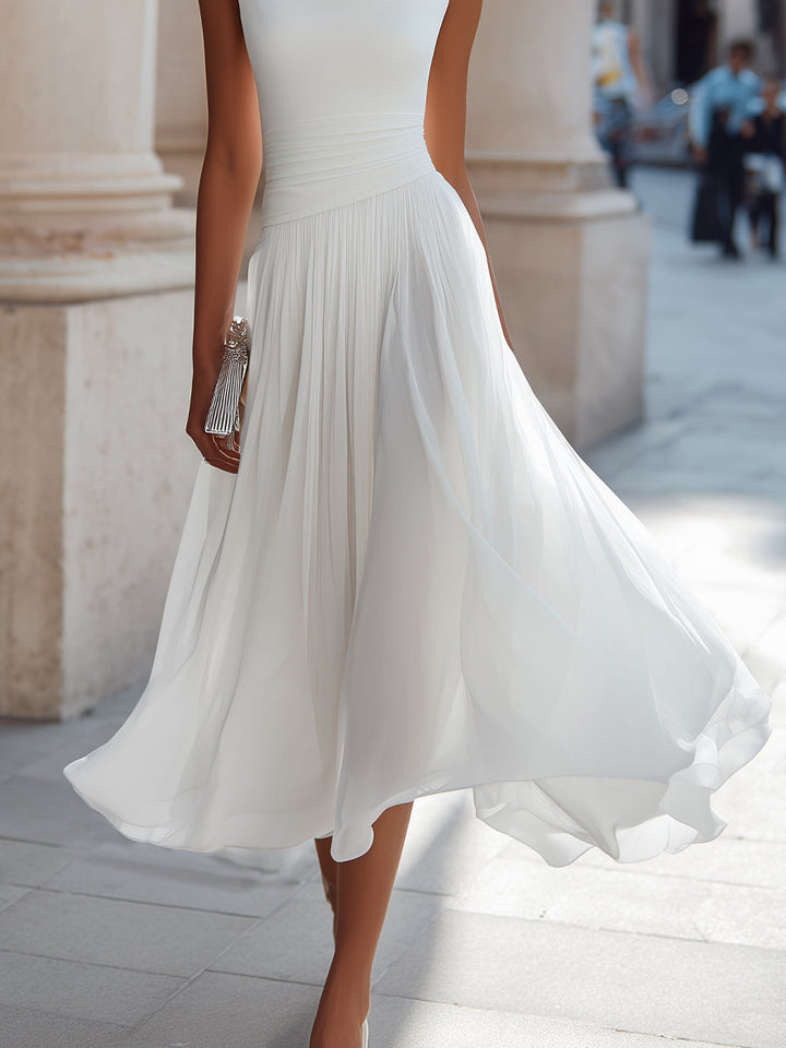 Aria | Cowl Drape Sleeveless Pleated Midi Dress in Chiffon