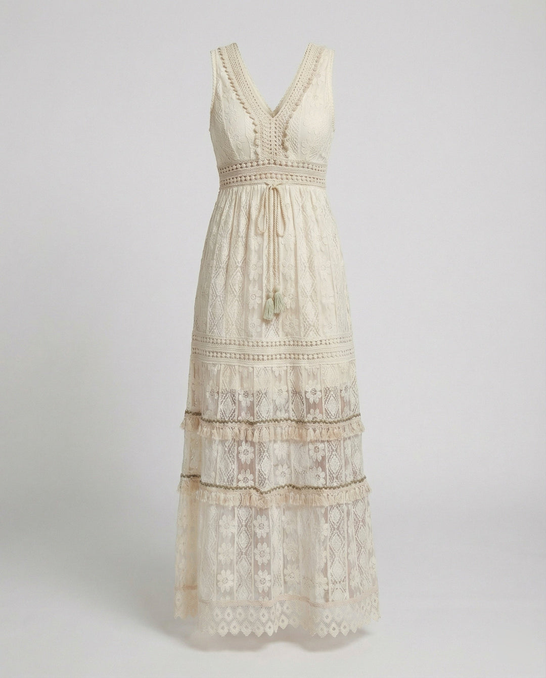 Seraphine | Tiered Lace Tassel V-Neck Boho Dress with Crochet Waist