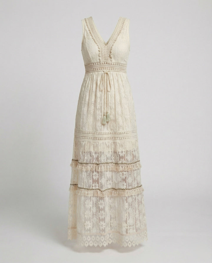 Seraphine | Tiered Lace Tassel V-Neck Boho Dress with Crochet Waist