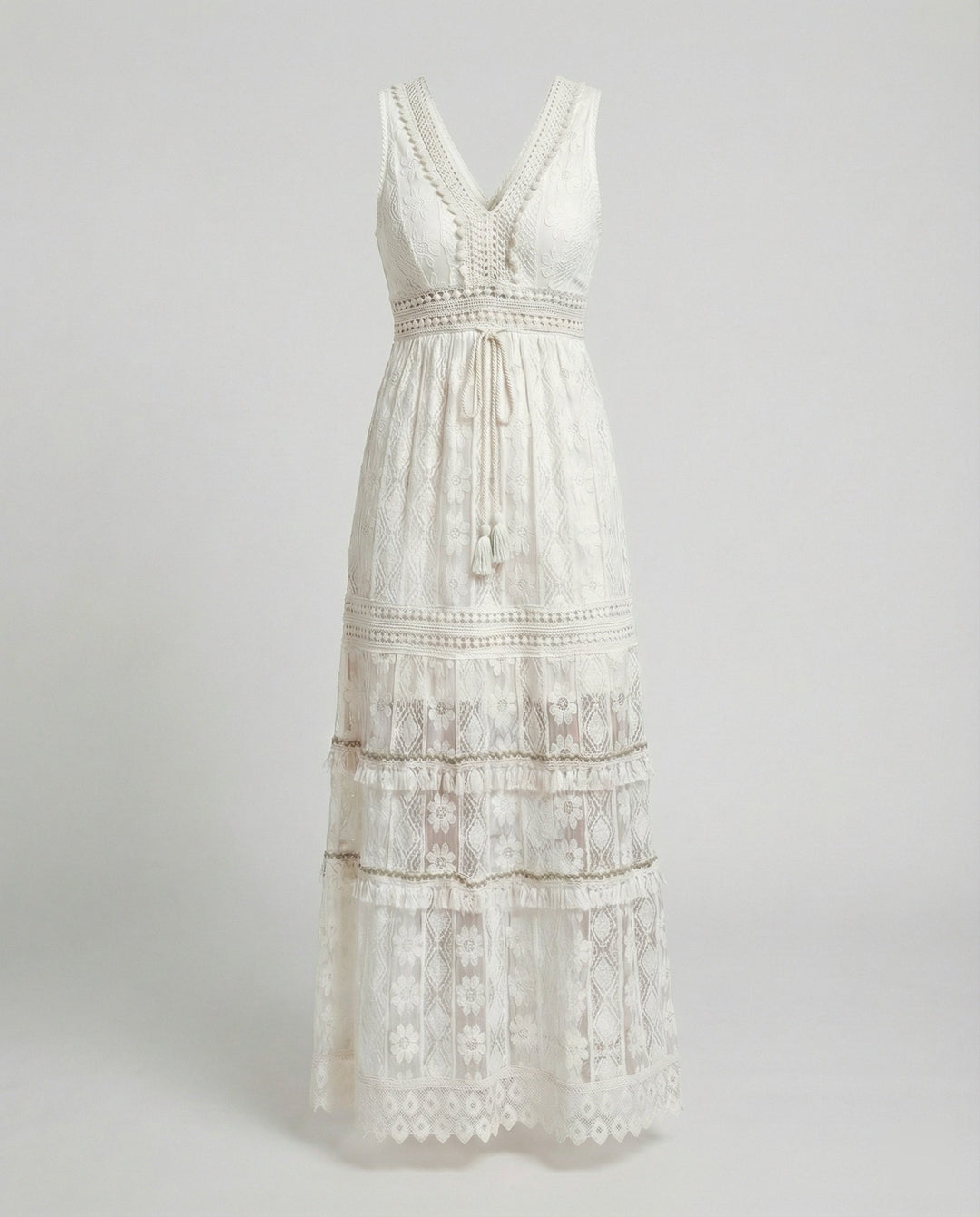 Seraphine | Tiered Lace Tassel V-Neck Boho Dress with Crochet Waist