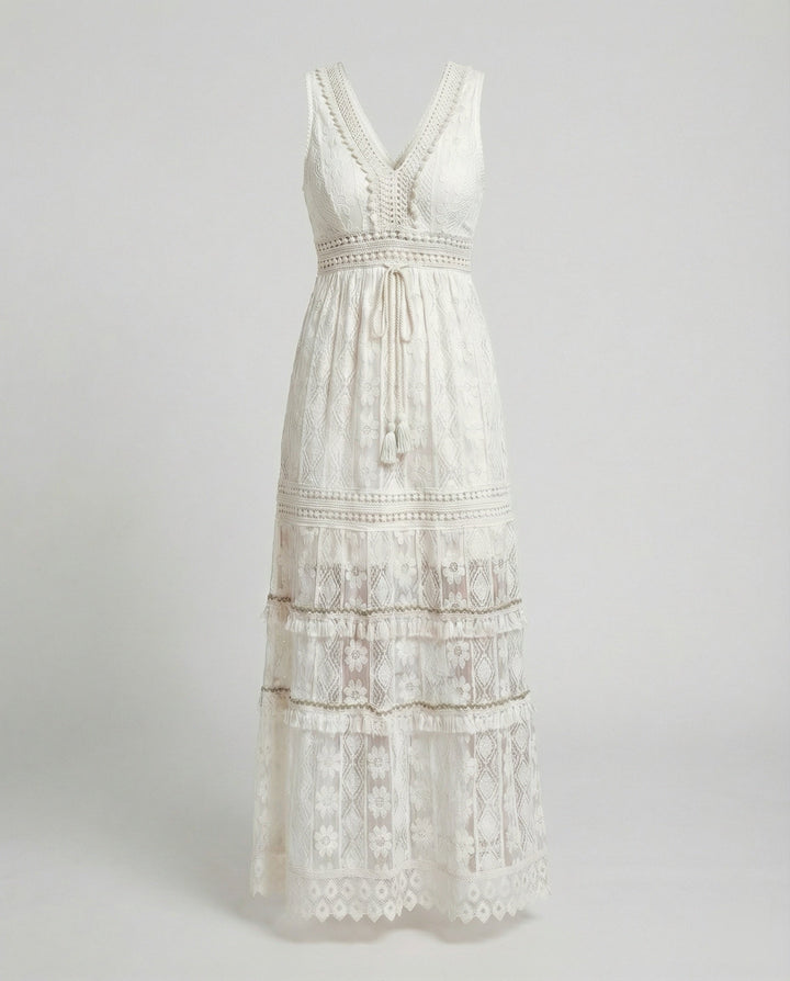 Seraphine | Tiered Lace Tassel V-Neck Boho Dress with Crochet Waist