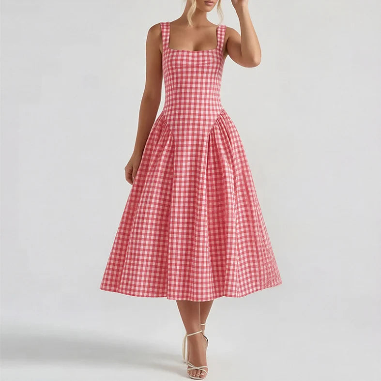Harriet | Gingham Square Neck Womens Pleated Midi Dress