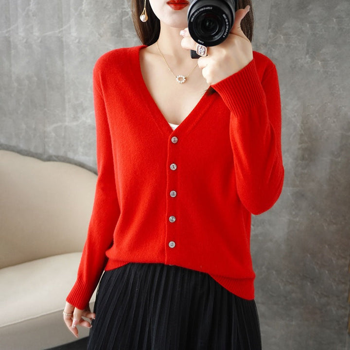 Genevieve | Women's V-Neck Button-Front Cardigan – Fitted Long Sleeve Design