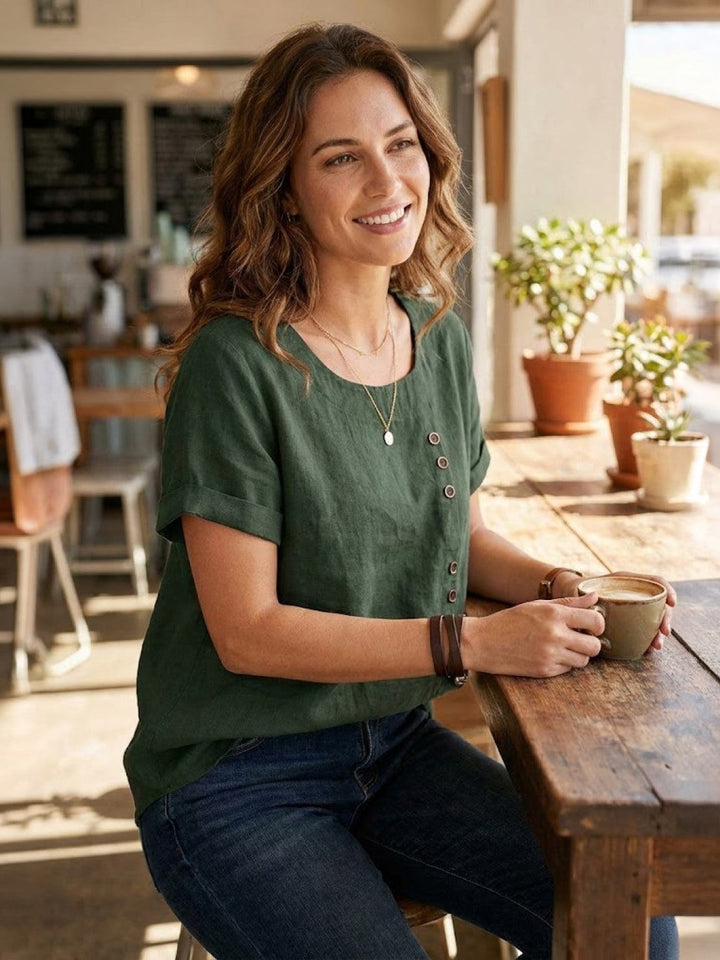 Simone | Side Button Detail Short Sleeve Linen Blouse