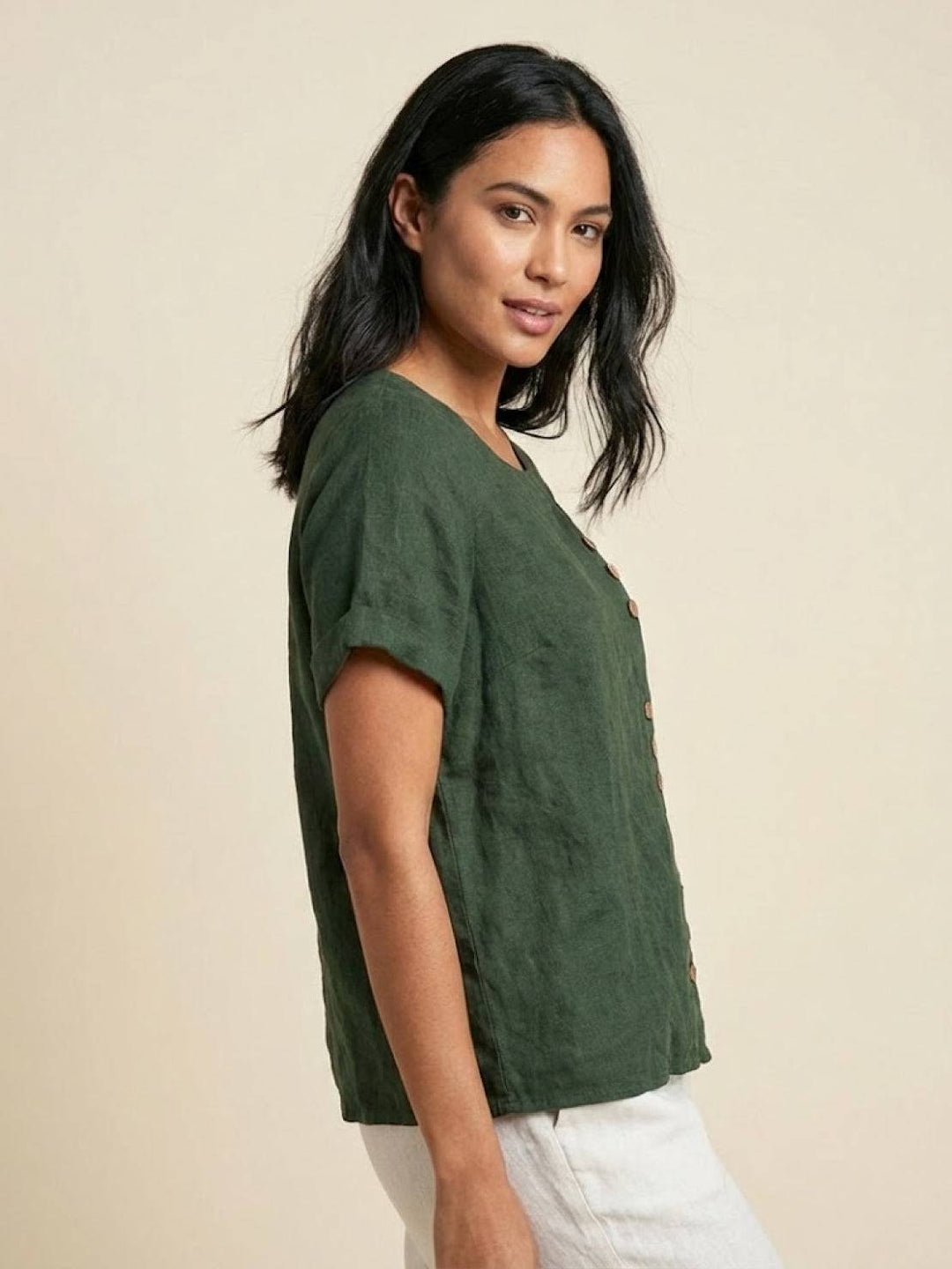 Simone | Side Button Detail Short Sleeve Linen Blouse