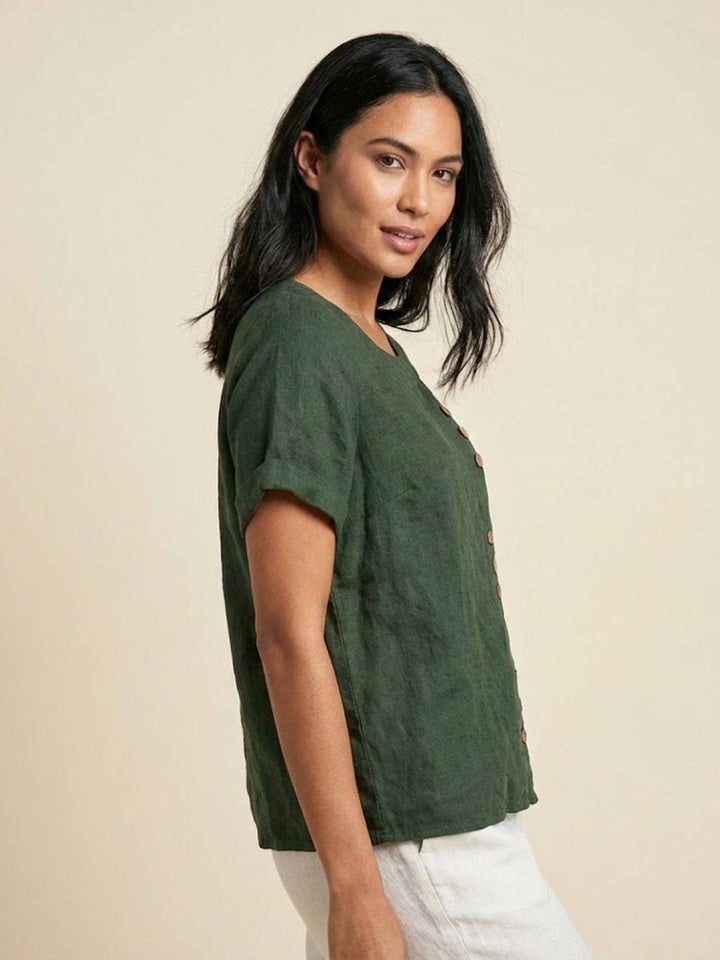 Simone | Side Button Detail Short Sleeve Linen Blouse
