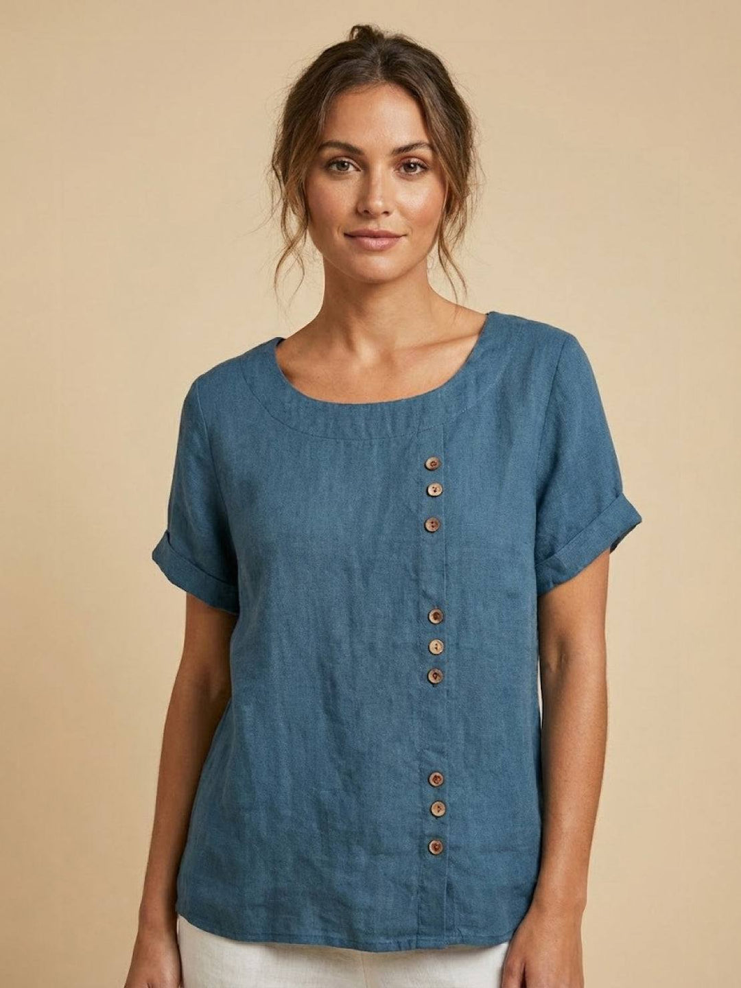 Simone | Side Button Detail Short Sleeve Linen Blouse