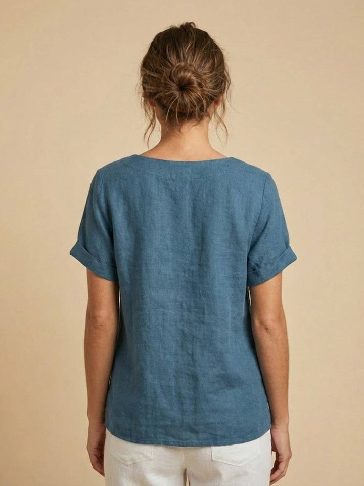 Simone | Side Button Detail Short Sleeve Linen Blouse