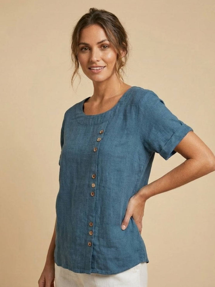 Simone | Side Button Detail Short Sleeve Linen Blouse