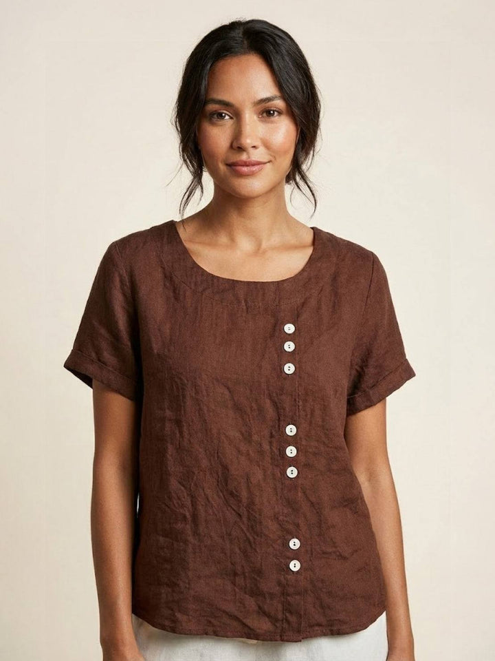 Simone | Side Button Detail Short Sleeve Linen Blouse