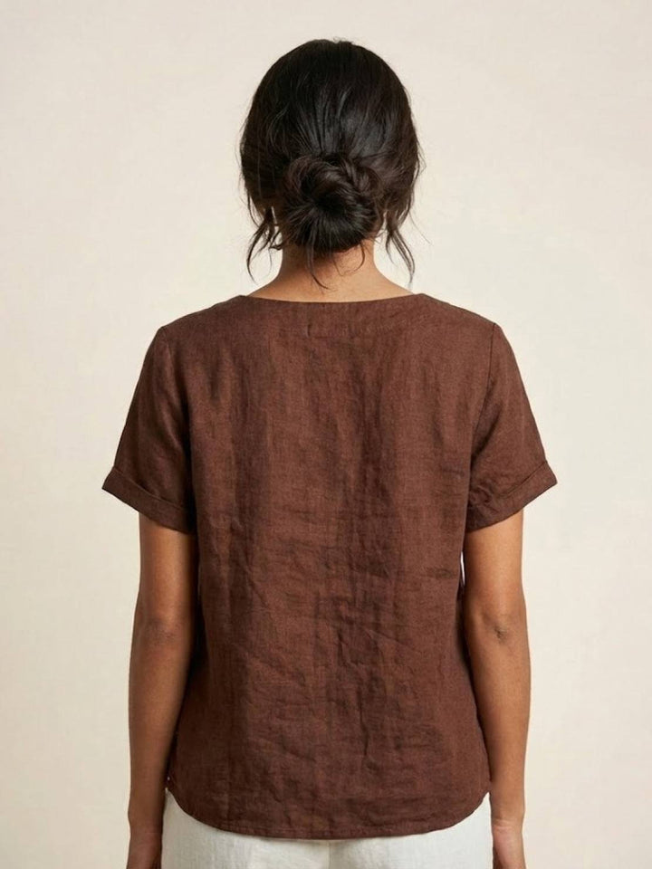 Simone | Side Button Detail Short Sleeve Linen Blouse