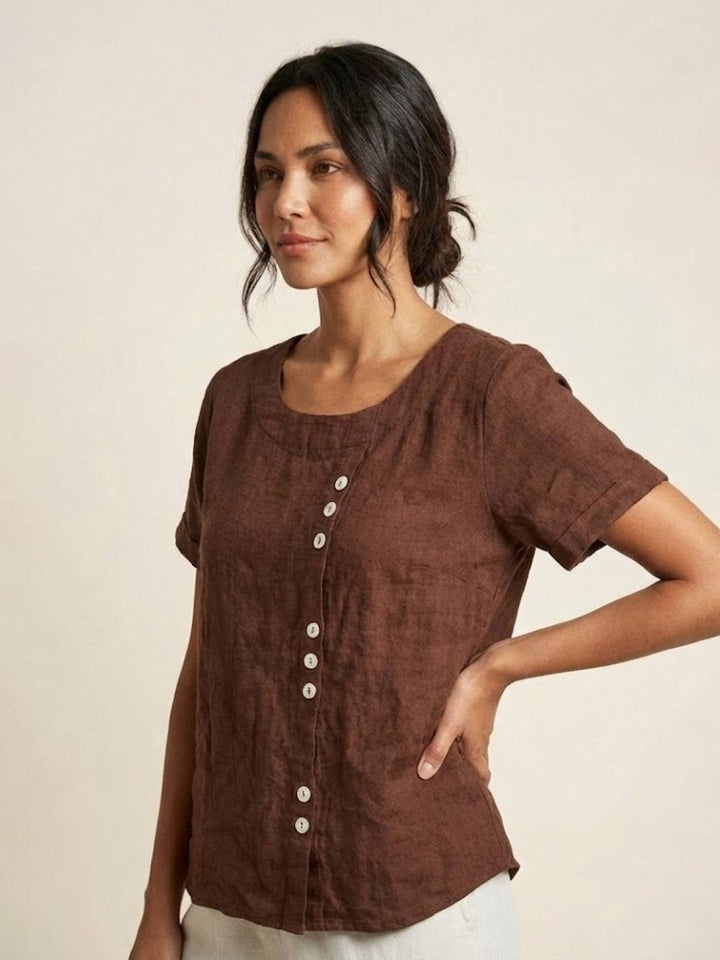 Simone | Side Button Detail Short Sleeve Linen Blouse
