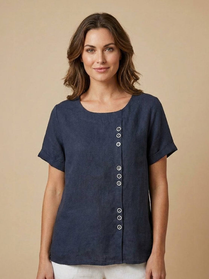 Simone | Side Button Detail Short Sleeve Linen Blouse