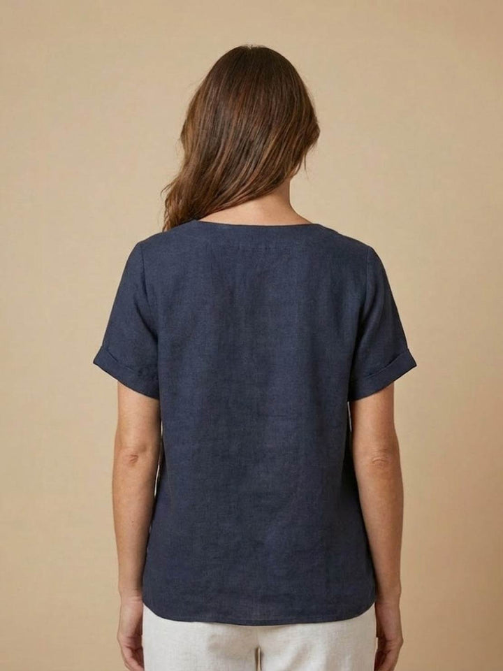 Simone | Side Button Detail Short Sleeve Linen Blouse