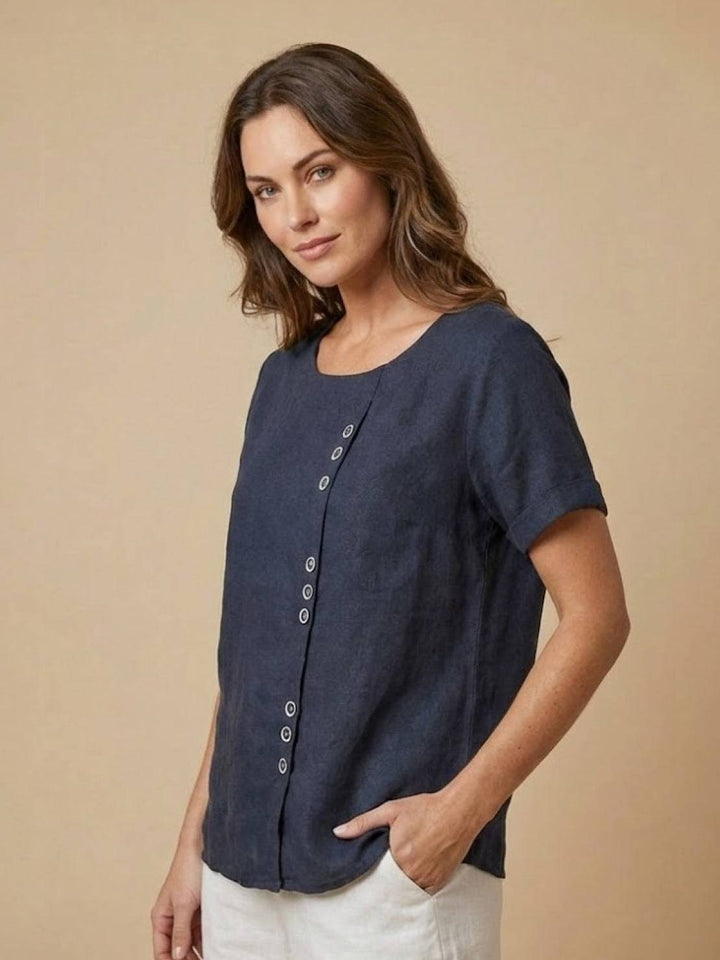 Simone | Side Button Detail Short Sleeve Linen Blouse