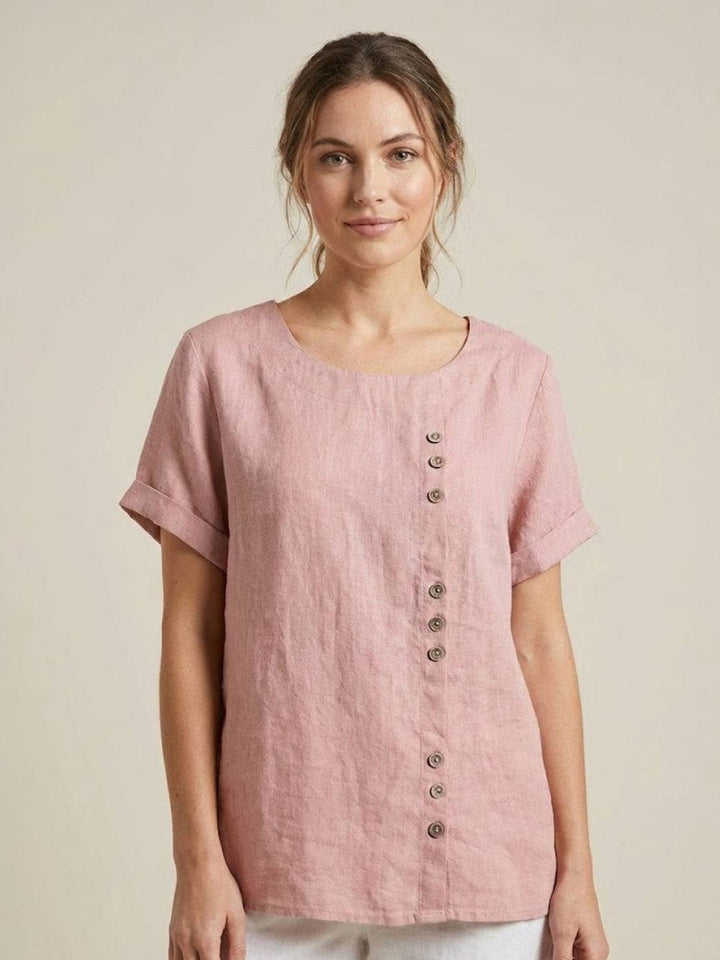 Simone | Side Button Detail Short Sleeve Linen Blouse