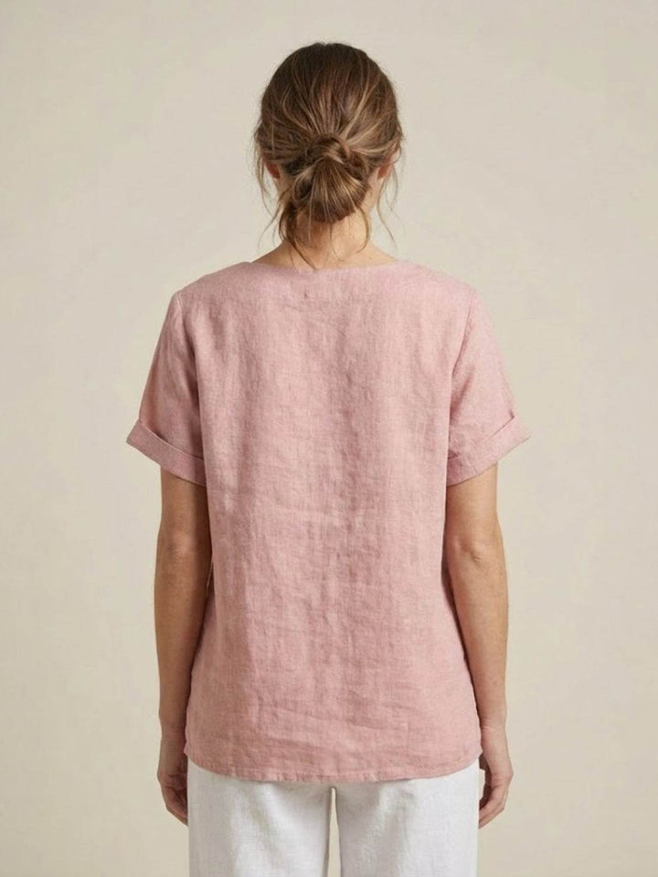Simone | Side Button Detail Short Sleeve Linen Blouse