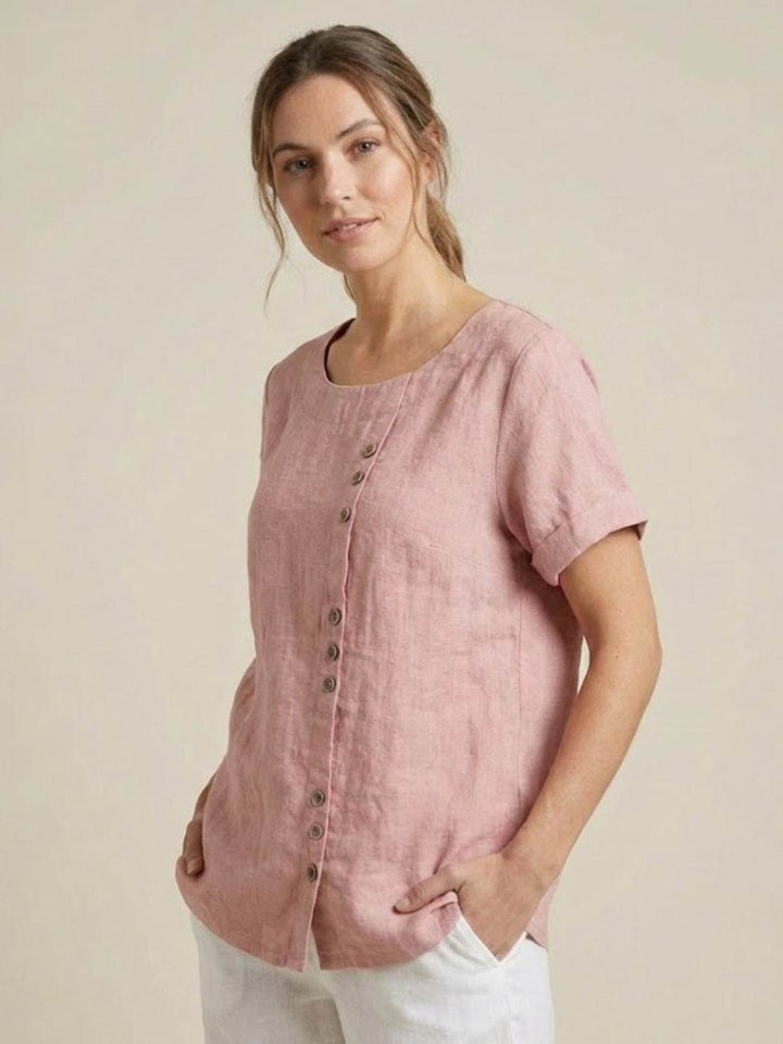 Simone | Side Button Detail Short Sleeve Linen Blouse