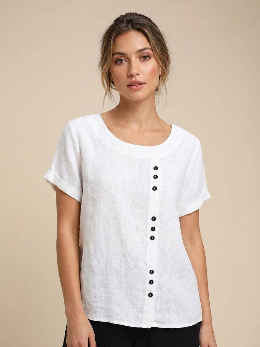 Simone | Side Button Detail Short Sleeve Linen Blouse