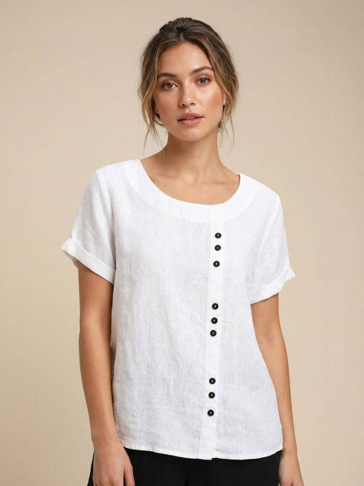 Simone | Side Button Detail Short Sleeve Linen Blouse