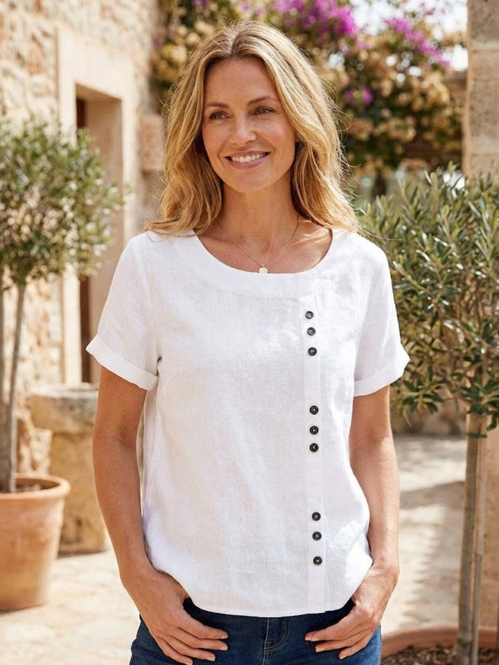 Simone | Side Button Detail Short Sleeve Linen Blouse
