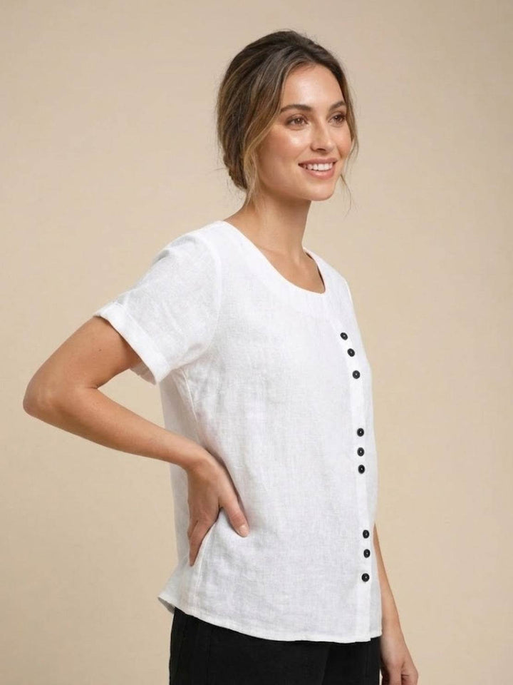 Simone | Side Button Detail Short Sleeve Linen Blouse