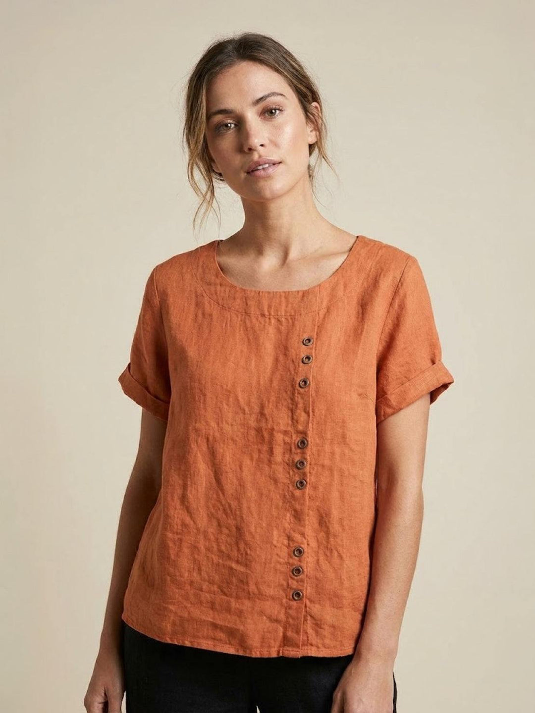 Simone | Side Button Detail Short Sleeve Linen Blouse