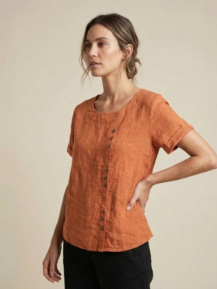 Simone | Side Button Detail Short Sleeve Linen Blouse