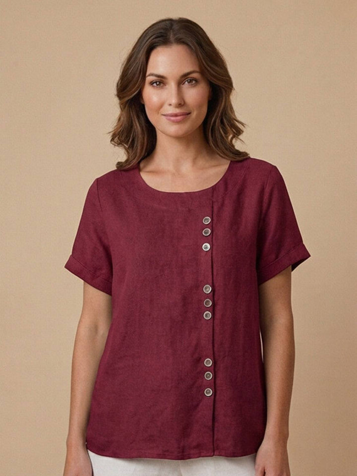 Simone | Side Button Detail Short Sleeve Linen Blouse