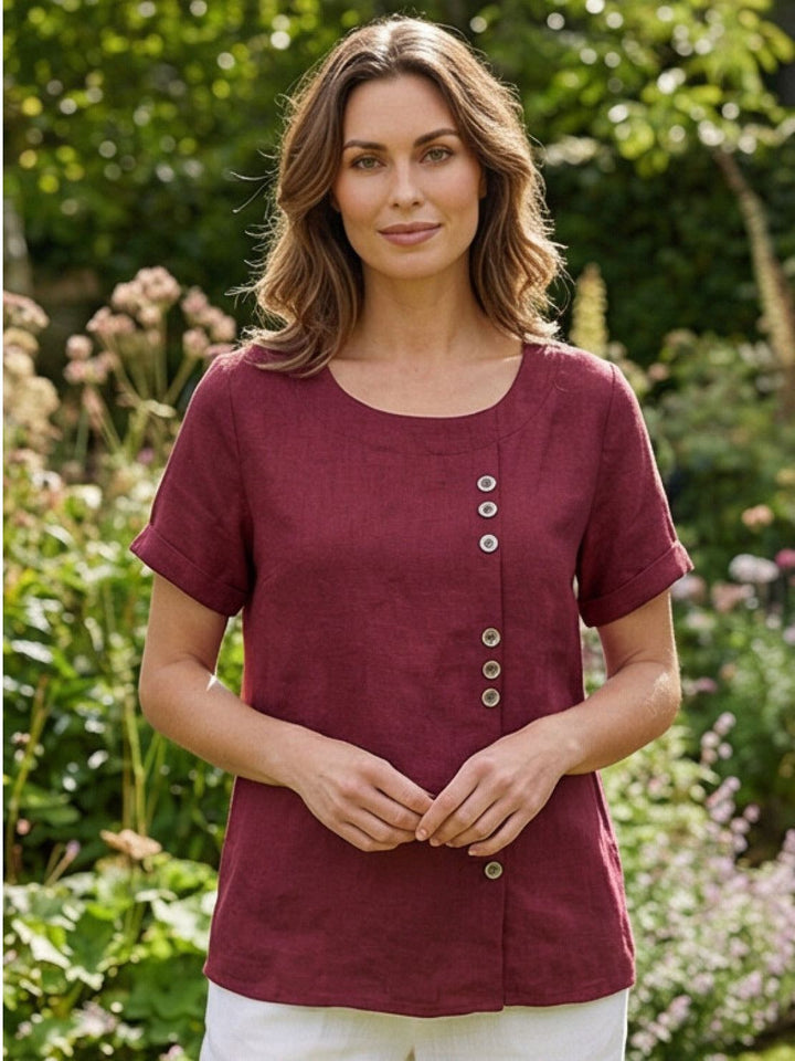 Simone | Side Button Detail Short Sleeve Linen Blouse